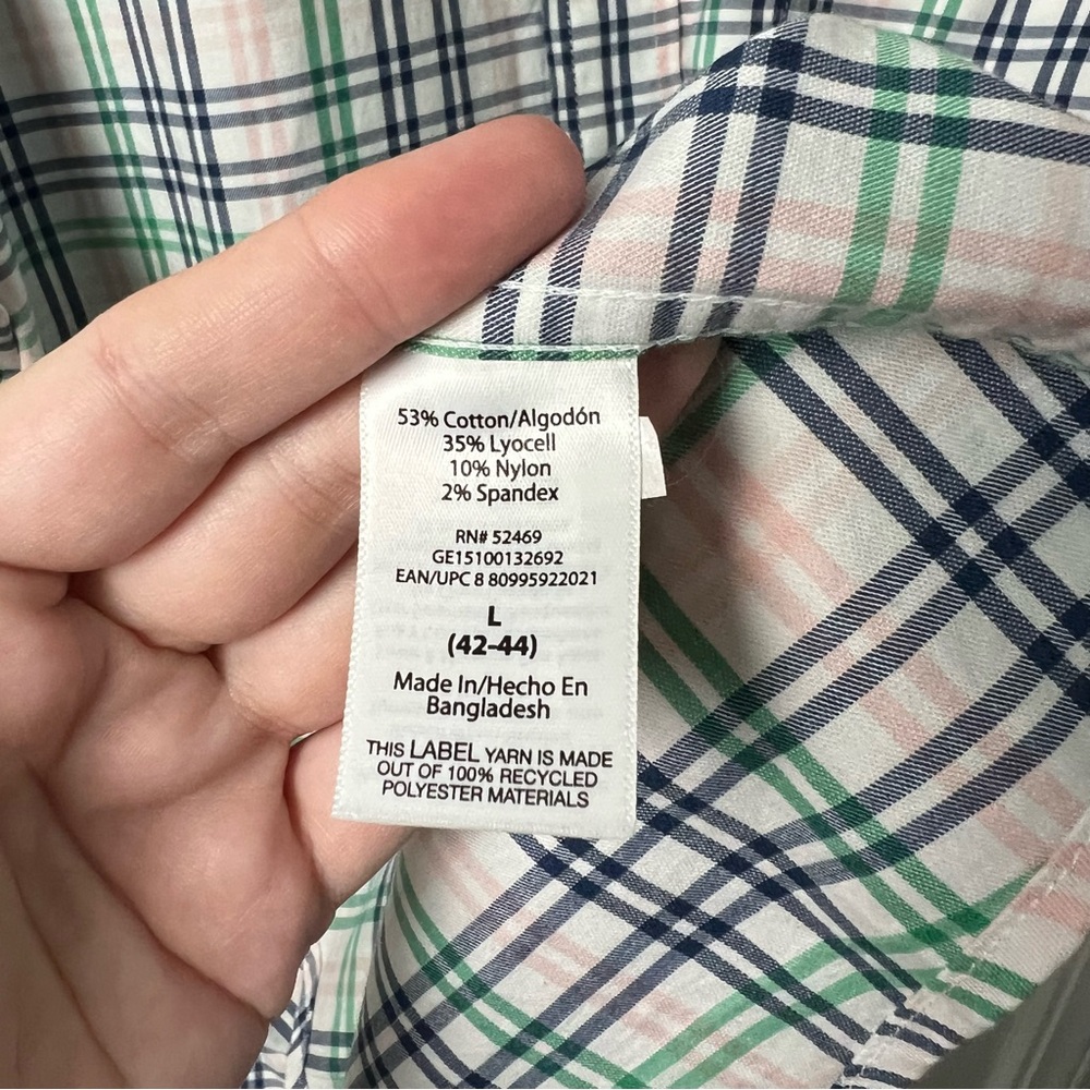 George- Men’s Short Sleeve Button Down- White Pink Green Plaid- Large - Picture 3 of 9